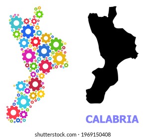 Mapa de mosaico vectorial de la región de Calabria construido para ingeniería. El mapa mosaico de la región de Calabria está compuesto por varios cafés brillantes dispersos. Artículos de ingeniería de colores vivos.