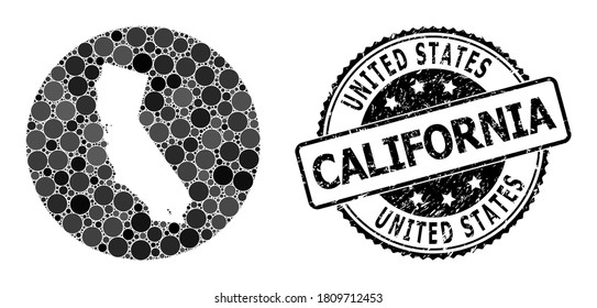 Vector mosaic map of California with round dots, and grey scratched seal. Subtraction round map of California collage composed with circles in variable sizes, and dark grey color tones.