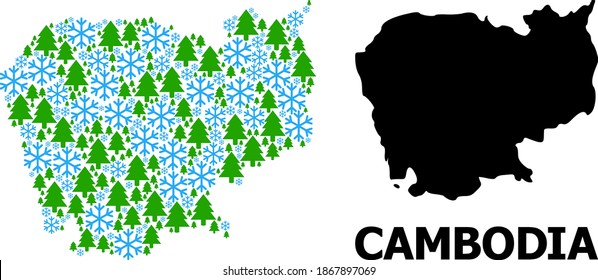 Vector mosaic map of Cambodia constructed for New Year, Christmas, and winter. Mosaic map of Cambodia is constructed with snow and fir-trees.