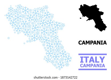 Vector mosaic map of Campania region combined for New Year, Christmas celebration, and winter. Mosaic map of Campania region is shaped from light blue snow items.