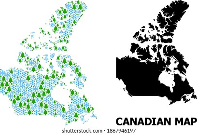 Vector mosaic map of Canada done for New Year, Christmas, and winter. Mosaic map of Canada is done from snowflakes and fir forest. Winter related items are arranged into abstract mosaic map of Canada.