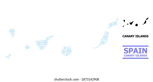 Mapa vectorial de mosaicos de las Islas Canarias combinado para Año Nuevo, Navidad y invierno. El mapa mosaico de las Islas Canarias está hecho con elementos de nieve azul claro.