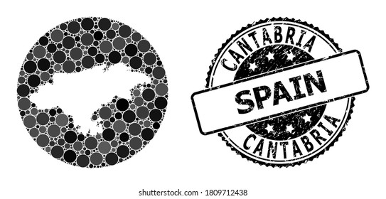 Vector mosaic map of Cantabria Province with circle items, and gray watermark seal stamp. Stencil round map of Cantabria Province collage formed with circles in different sizes, and dark gray shades.