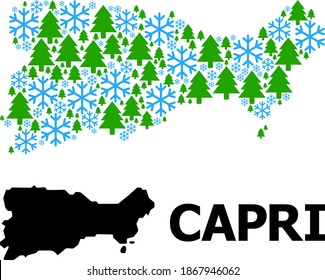 Vector mosaic map of Capri Island done for New Year, Christmas, and winter. Mosaic map of Capri Island is done of snowflakes and fir-trees.