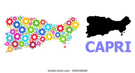 Vector mosaic map of Capri Island organized for engineering. Mosaic map of Capri Island is organized of random colored gear wheels. Engineering components in bright colors.