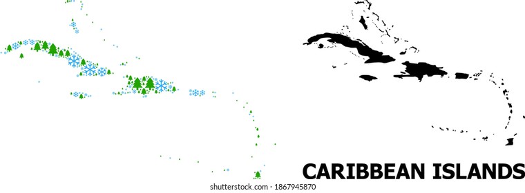Vector mosaic map of Caribbean Islands done for New Year, Christmas, and winter. Mosaic map of Caribbean Islands is organized with snow flakes and fir forest.