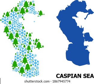 Vector mosaic map of Caspian Sea organized for New Year, Christmas, and winter. Mosaic map of Caspian Sea is composed with snow flakes and fir trees.