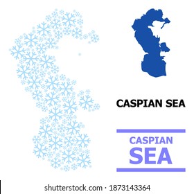 Vector mosaic map of Caspian Sea constructed for New Year, Christmas celebration, and winter. Mosaic map of Caspian Sea is formed with light blue snow icons.