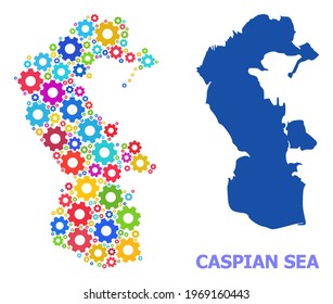 Vector mosaic map of Caspian Sea constructed for services. Mosaic map of Caspian Sea is composed of scattered bright gear wheels. Engineering items in bright colors.