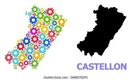 Vector mosaic map of Castellon Province done for mechanics. Mosaic map of Castellon Province is shaped of scattered colored wheels. Engineering items in bright colors.
