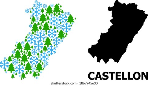 Vector mosaic map of Castellon Province created for New Year, Christmas, and winter. Mosaic map of Castellon Province is organized from snowflakes and fir-trees.