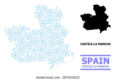 Vector mosaic map of Castile-La Mancha Province combined for New Year, Christmas celebration, and winter. Mosaic map of Castile-La Mancha Province is made of light blue snow.