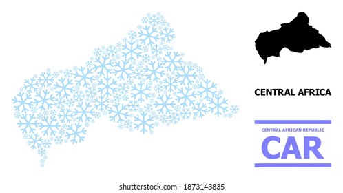 Vector mosaic map of Central African Republic combined for New Year, Christmas celebration, and winter. Mosaic map of Central African Republic is composed of light blue snow items.