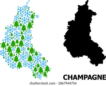 Vector mosaic map of Champagne Province organized for New Year, Christmas, and winter. Mosaic map of Champagne Province is created of snow flakes and fir trees.