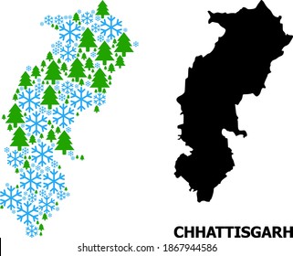 Vector mosaic map of Chhattisgarh State combined for New Year, Christmas, and winter. Mosaic map of Chhattisgarh State is organized from snow and fir trees.