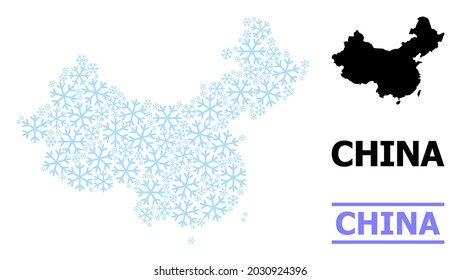 Vector mosaic map of China done for New Year, Christmas celebration, and winter. Mosaic map of China is created from light blue snow elements. Design elements for patriotic and Christmas projects.