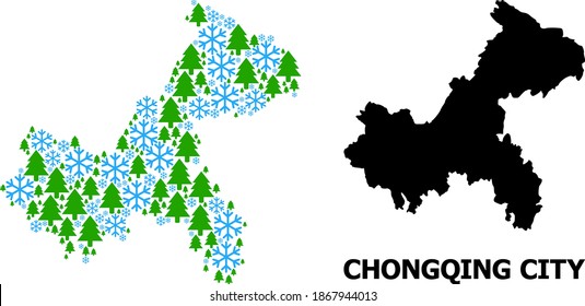 Mapa de mosaico vectorial de la municipalidad de Chongqing diseñado para Año Nuevo, Navidad e invierno. El mapa mosaico de la municipalidad de Chongqing está construido a partir de copos de nieve y abetos.