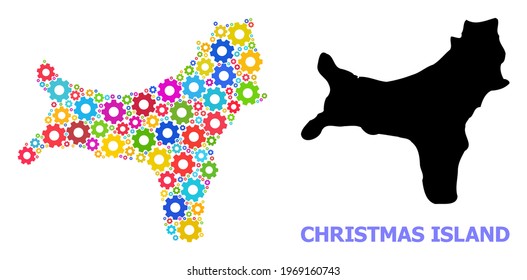 Vector mosaic map of Christmas Island designed for engineering. Mosaic map of Christmas Island is composed of random multi-colored wheels. Engineering components in bright colors.