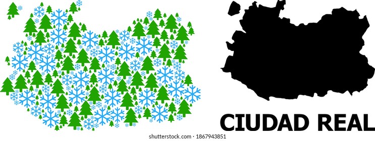 Vector mosaic map of Ciudad Real Province combined for New Year, Christmas, and winter. Mosaic map of Ciudad Real Province is shaped from snow flakes and fir forest.