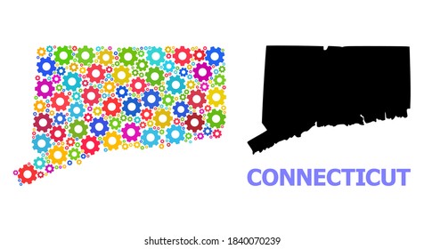 Mapa de mosaico vectorial del estado de Connecticut creado para mecánica. El mapa mosaico del estado de Connecticut se crea con ruedas de engranajes brillantes al azar. Artículos de ingeniería de colores vivos.