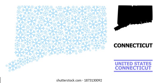 Vector mosaic map of Connecticut State organized for New Year, Christmas celebration, and winter. Mosaic map of Connecticut State is formed of light blue snow elements.