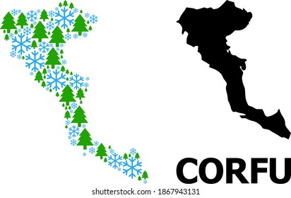 Mapa vectorial de mosaico de la isla Corfú creado para Año Nuevo, Navidad e invierno. El mapa mosaico de la isla de Corfú está construido con copos de nieve y bosque de abetos.