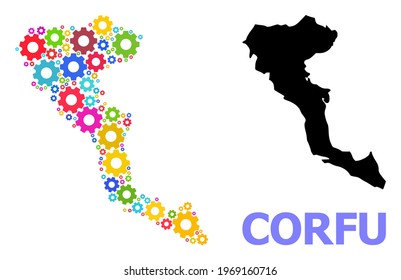 Vector mosaic map of Corfu Island done for mechanics. Mosaic map of Corfu Island is designed of scattered bright wheels. Engineering items in bright colors.