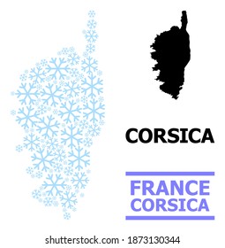 Vector mosaic map of Corsica organized for New Year, Christmas celebration, and winter. Mosaic map of Corsica is formed with light blue snow parts.