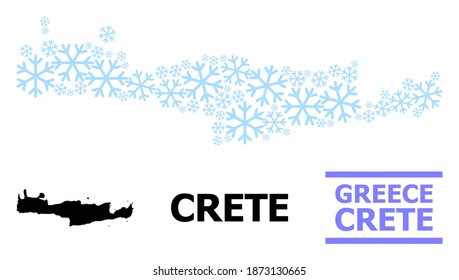 Mapa vectorial de mosaico de la isla Creta combinado para Año Nuevo, Navidad y invierno. El mapa mosaico de la isla Creta está compuesto por elementos de nieve azul claro.