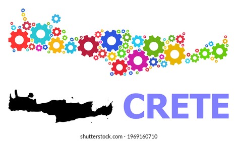 Mapa de mosaicos vectoriales de la isla Creta construida para talleres. El mapa mosaico de la isla de Creta se crea con ruedas brillantes al azar. Componentes de ingeniería en colores brillantes.