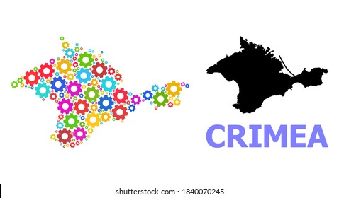 Vector mosaic map of Crimea constructed for services. Mosaic map of Crimea is constructed with scattered bright gears. Engineering components in bright colors.
