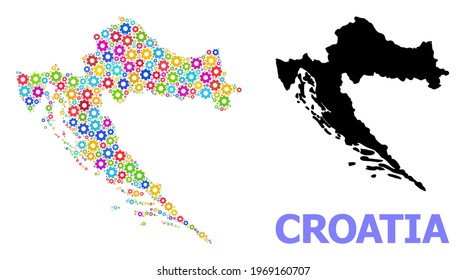 Vector mosaic map of Croatia created for engineering. Mosaic map of Croatia is shaped from randomized multi-colored gear wheels. Engineering items in bright colors.