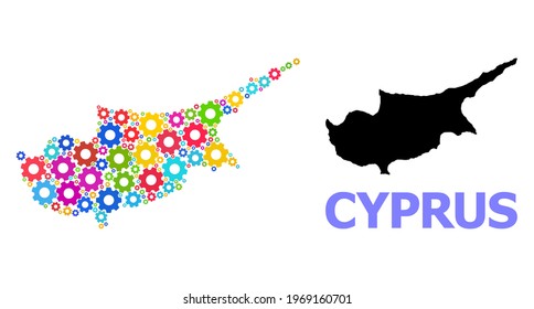 Vector mosaic map of Cyprus Island created for engineering. Mosaic map of Cyprus Island is made with scattered bright gear wheels. Engineering components in bright colors.