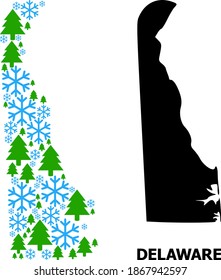 Vector mosaic map of Delaware State designed for New Year, Christmas, and winter. Mosaic map of Delaware State is shaped of snowflakes and fir trees.