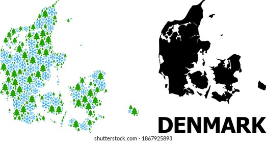 Vector mosaic map of Denmark constructed for New Year, Christmas, and winter. Mosaic map of Denmark is constructed from snow flakes and fir trees.