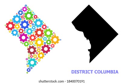 Vector mosaic map of District Columbia combined for engineering. Mosaic map of District Columbia is shaped with scattered colored gears. Engineering items in bright colors.