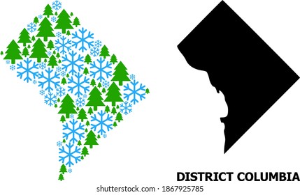 Vector mosaic map of District Columbia organized for New Year, Christmas, and winter. Mosaic map of District Columbia is created with snow flakes and fir trees.