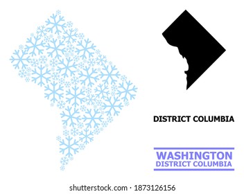 Mapa de mosaicos vectoriales del distrito de Columbia organizado para Año Nuevo, celebración de Navidad e invierno. Mapa mosaico del distrito de Columbia con elementos de nieve azul claro.