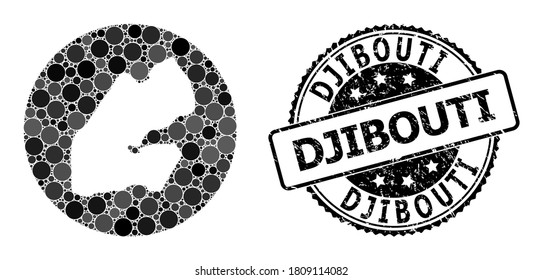 Vector mosaic map of Djibouti with circle spots, and grey rubber seal. Stencil round map of Djibouti collage designed with circles in various sizes, and dark grey color tones.