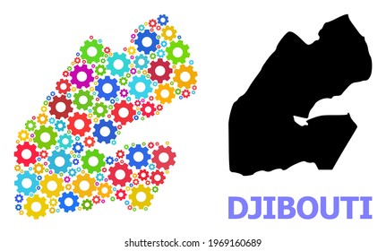 Vector mosaic map of Djibouti organized for mechanics. Mosaic map of Djibouti is composed of random bright wheels. Engineering items in bright colors.