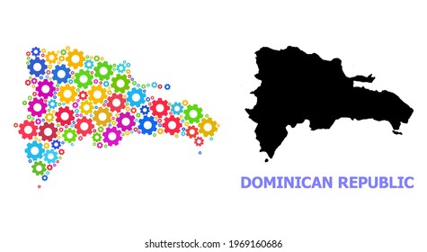 Vector mosaic map of Dominican Republic constructed for services. Mosaic map of Dominican Republic is formed with random bright cogs. Engineering items in bright colors.