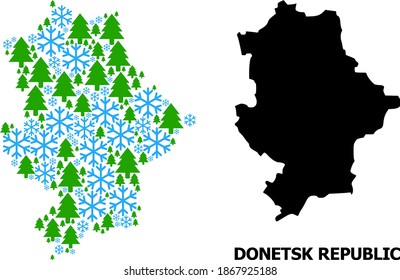 Vector mosaic map of Donetsk Republic organized for New Year, Christmas, and winter. Mosaic map of Donetsk Republic is constructed of snowflakes and fir trees.