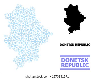 Vector mosaic map of Donetsk Republic created for New Year, Christmas celebration, and winter. Mosaic map of Donetsk Republic is formed of light blue snowflakes.