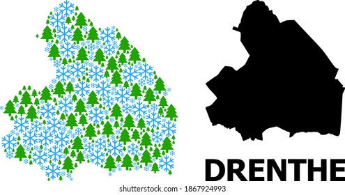 Vector mosaic map of Drenthe Province created for New Year, Christmas, and winter. Mosaic map of Drenthe Province is shaped with snowflakes and fir trees.