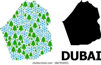 Vector mosaic map of Dubai Emirate organized for New Year, Christmas, and winter. Mosaic map of Dubai Emirate is constructed with snow and fir forest.