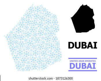 Vector mosaic map of Dubai Emirate constructed for New Year, Christmas celebration, and winter. Mosaic map of Dubai Emirate is constructed from light blue snow icons.