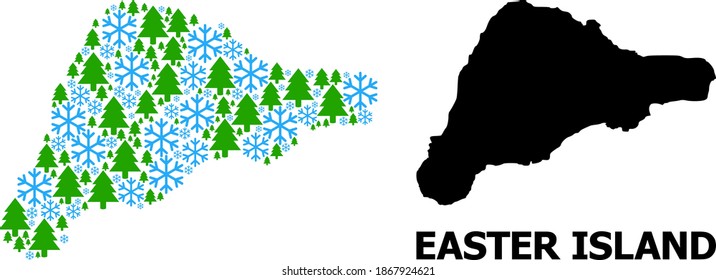 Vector mosaic map of Easter Island designed for New Year, Christmas, and winter. Mosaic map of Easter Island is designed of snow flakes and fir-trees.