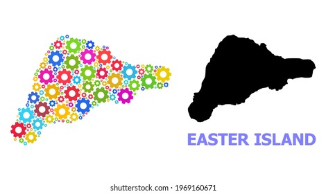 Vector mosaic map of Easter Island organized for engineering. Mosaic map of Easter Island is shaped with random bright gears. Engineering items in bright colors.