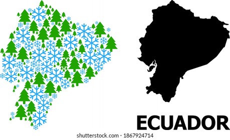 Vector mosaic map of Ecuador organized for New Year, Christmas, and winter. Mosaic map of Ecuador is organized with snow flakes and fir forest.