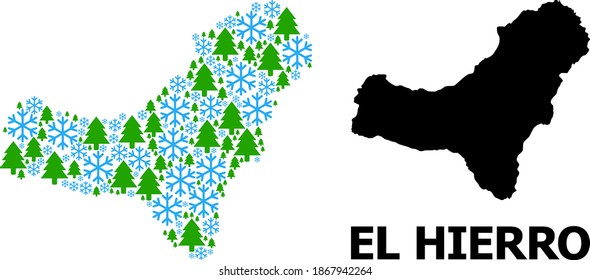 Vector mosaic map of El Hierro Island created for New Year, Christmas, and winter. Mosaic map of El Hierro Island is created with snow and fir-trees.